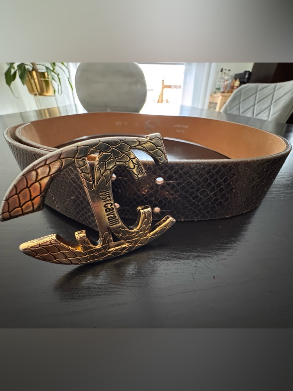 Just Cavalli Brown Textured Leather Belt with Gold Snake-Scale Double C Buckle